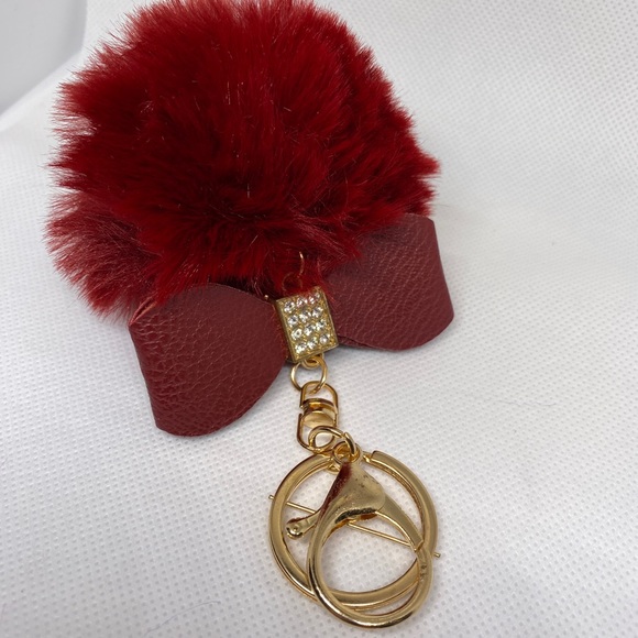 Fashion Wine Red Keychain Leather Bow, Plush, Metal. - Picture 2 of 3
